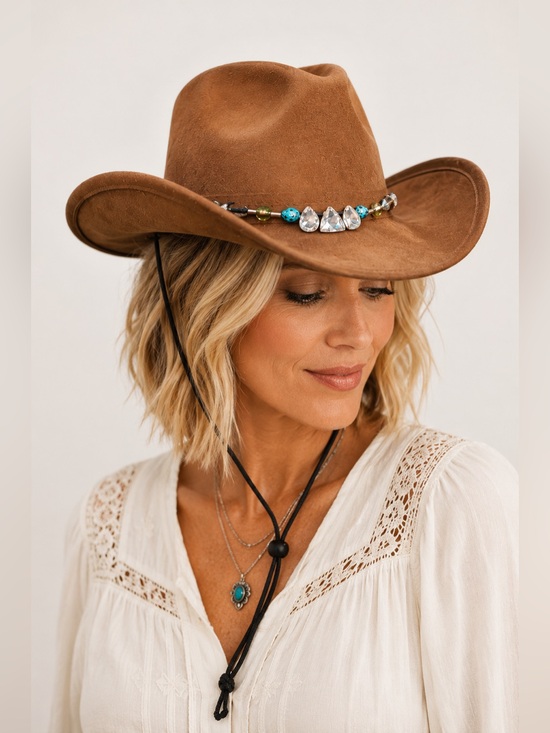 None Accessories - Women’s coffee coloured Western Hat with Beaded Band NEW & in bag